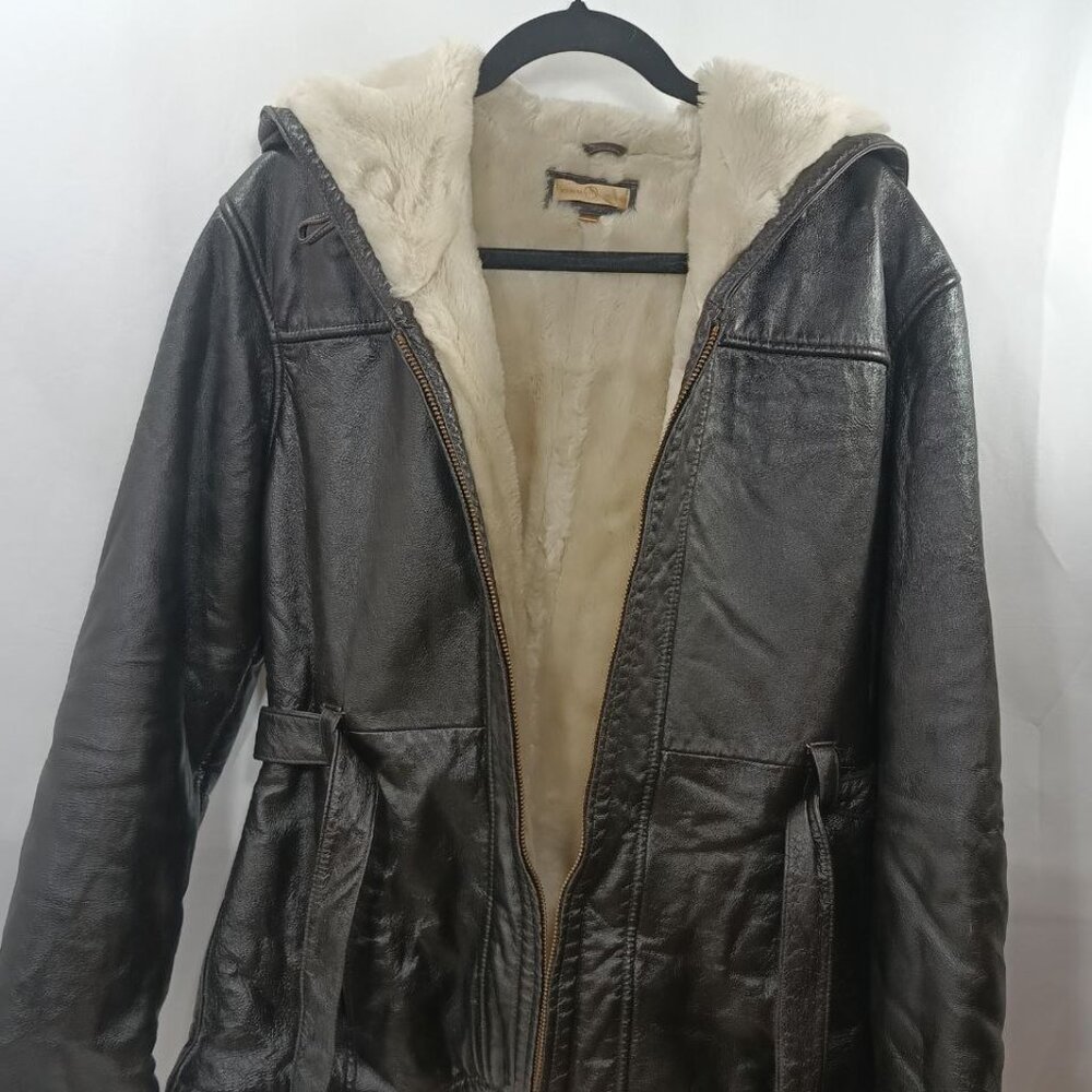 Vintage Hooded Leather Jacket Faux Fur Lined Penny Lane Belted Coat